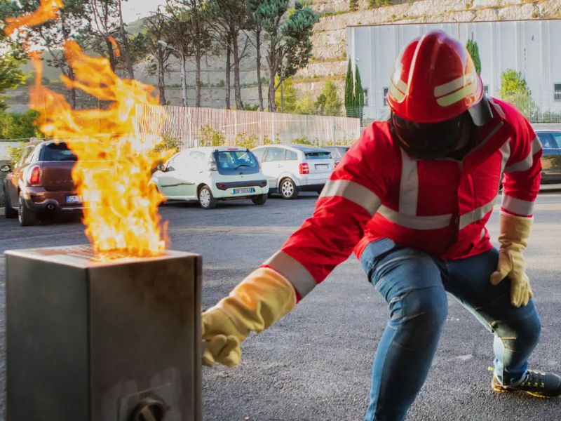 Un professionista mentre fa un'esercitazione pratica per la consulenza antincendio presso la sede scait di Salerno